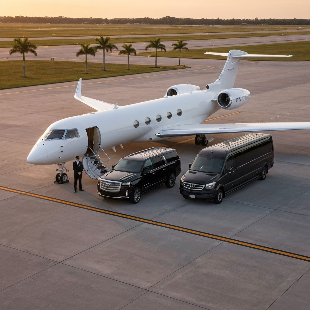 Miami Opa-Locka Executive Airport OPF private jet with luxury Cadillac Escalade and Sprinter limousine