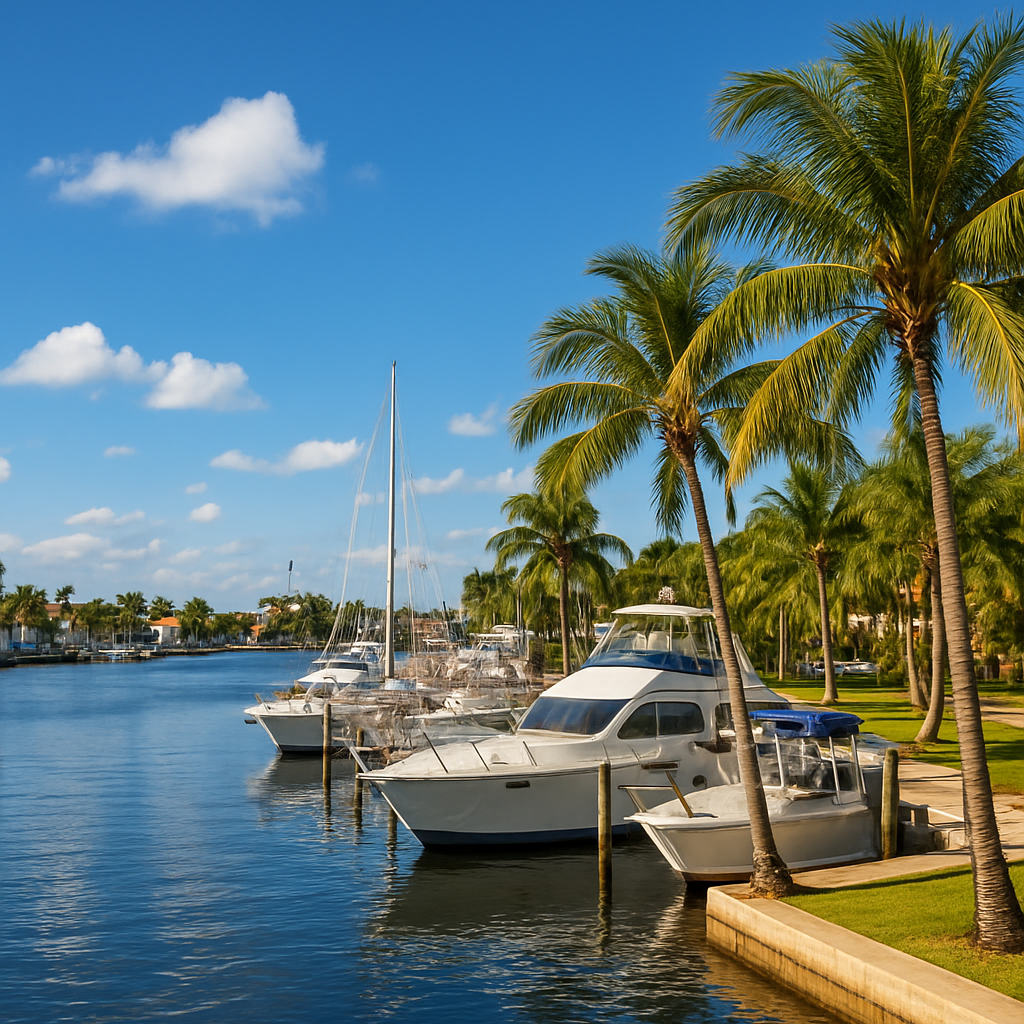 Boynton Beach Florida marina waterfront with boats and palm trees - BlackRide luxury car service