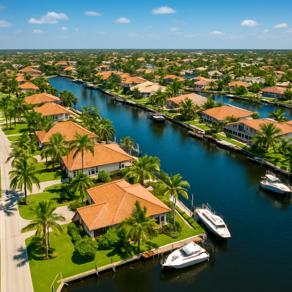 Cape Coral Florida network of canals with waterfront homes and boats - BlackRide luxury car service