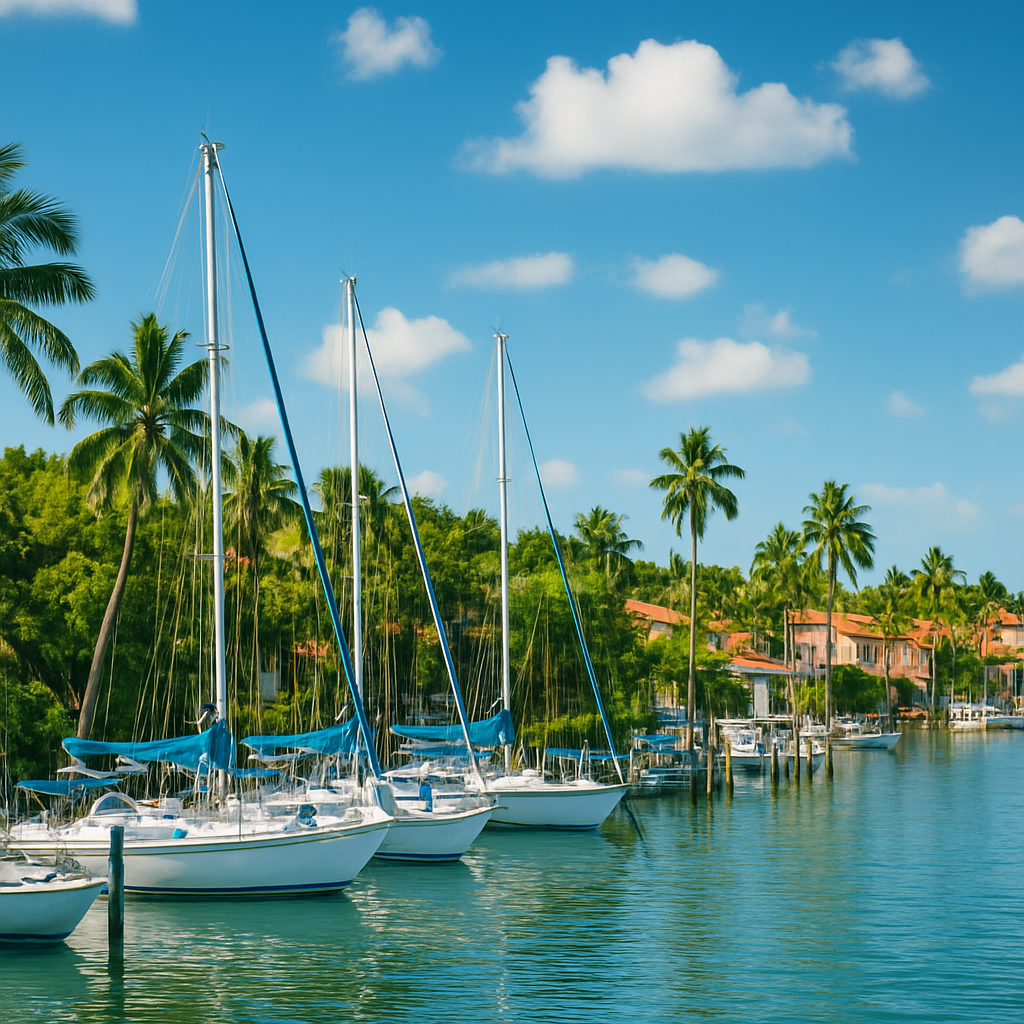 Coconut Grove Miami waterfront marina with sailboats and tropical canopy - BlackRide luxury car service
