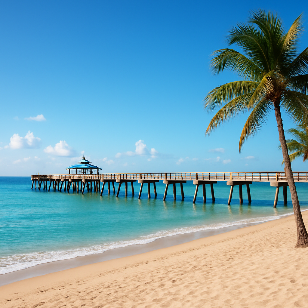 Deerfield Beach Florida international fishing pier with blue Atlantic ocean and palm trees - BlackRide luxury car service