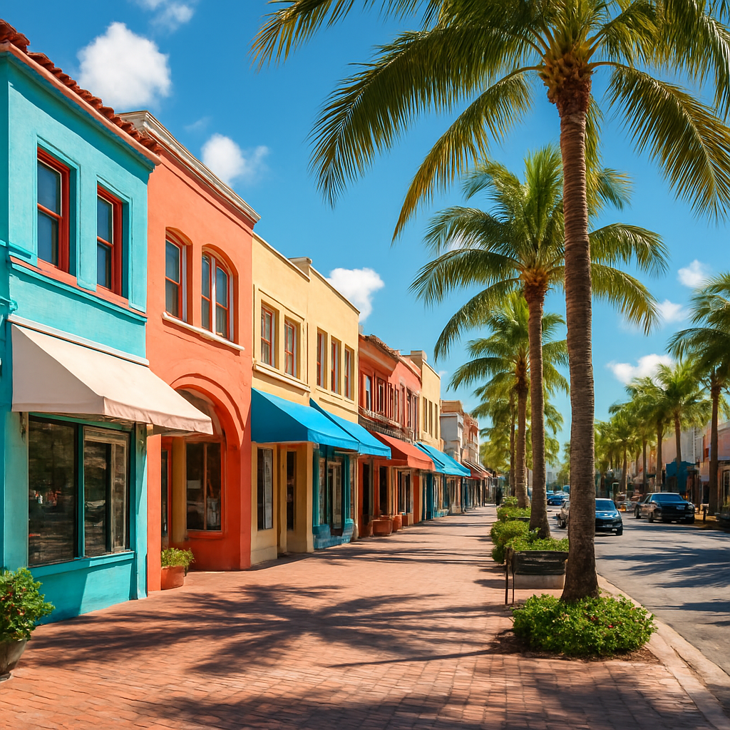 Delray Beach Florida charming Atlantic Avenue downtown with palm trees and storefronts - BlackRide luxury car service