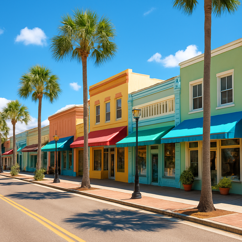 Dunedin Florida charming downtown main street with palm trees - BlackRide luxury car service