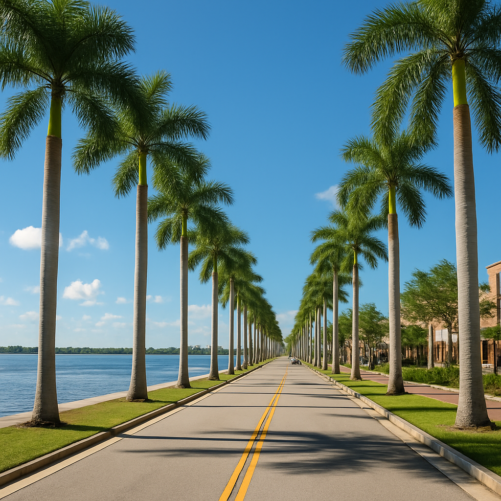 Fort Myers Florida historic River District with royal palm tree lined McGregor Boulevard - BlackRide luxury car service