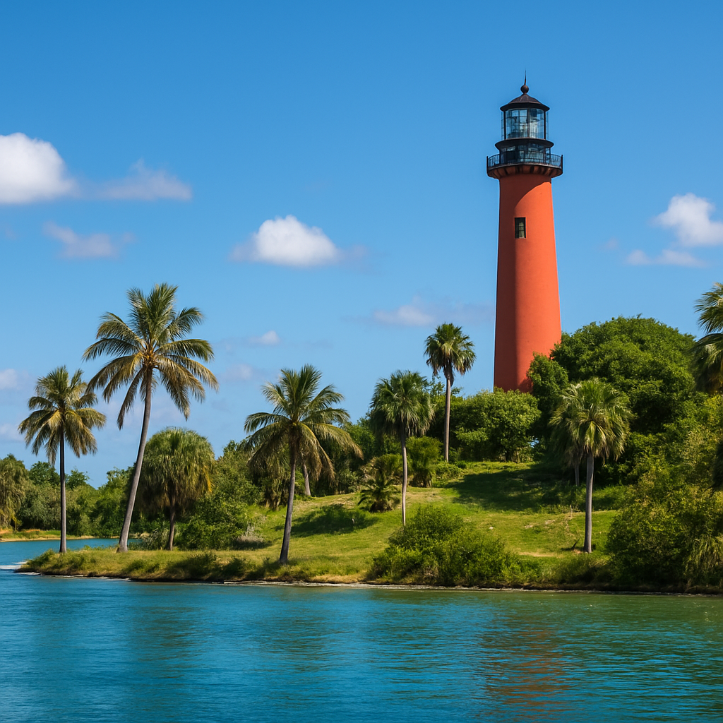 Jupiter Florida iconic red Jupiter Inlet Lighthouse with blue waterway and palm trees - BlackRide luxury car service