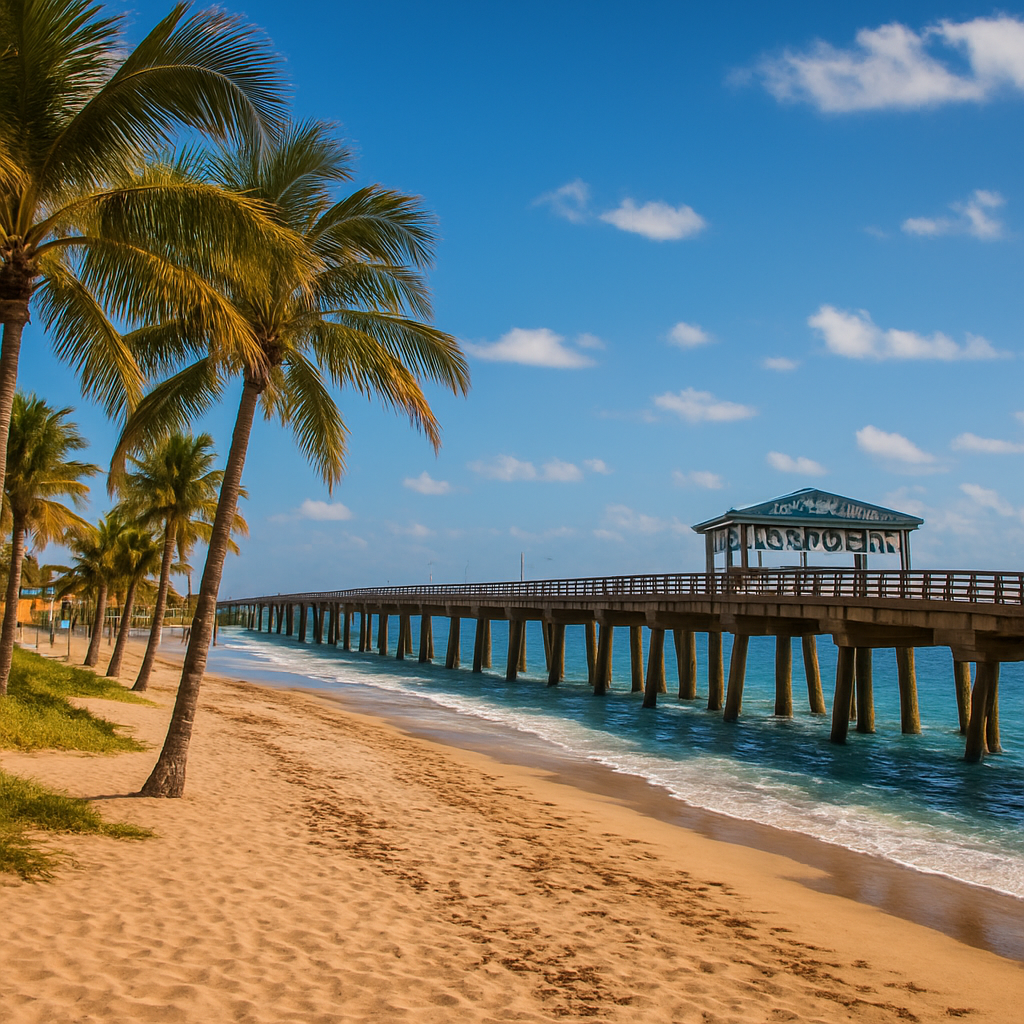 Lake Worth Beach Florida historic pier with sandy beach and palm trees - BlackRide luxury car service