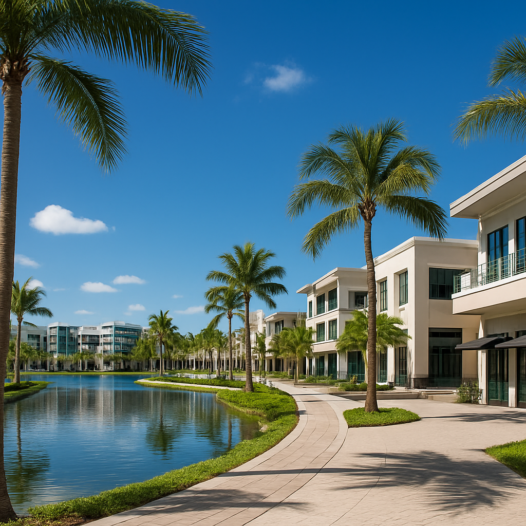Miramar Florida modern town center with palm trees and contemporary architecture - BlackRide luxury car service