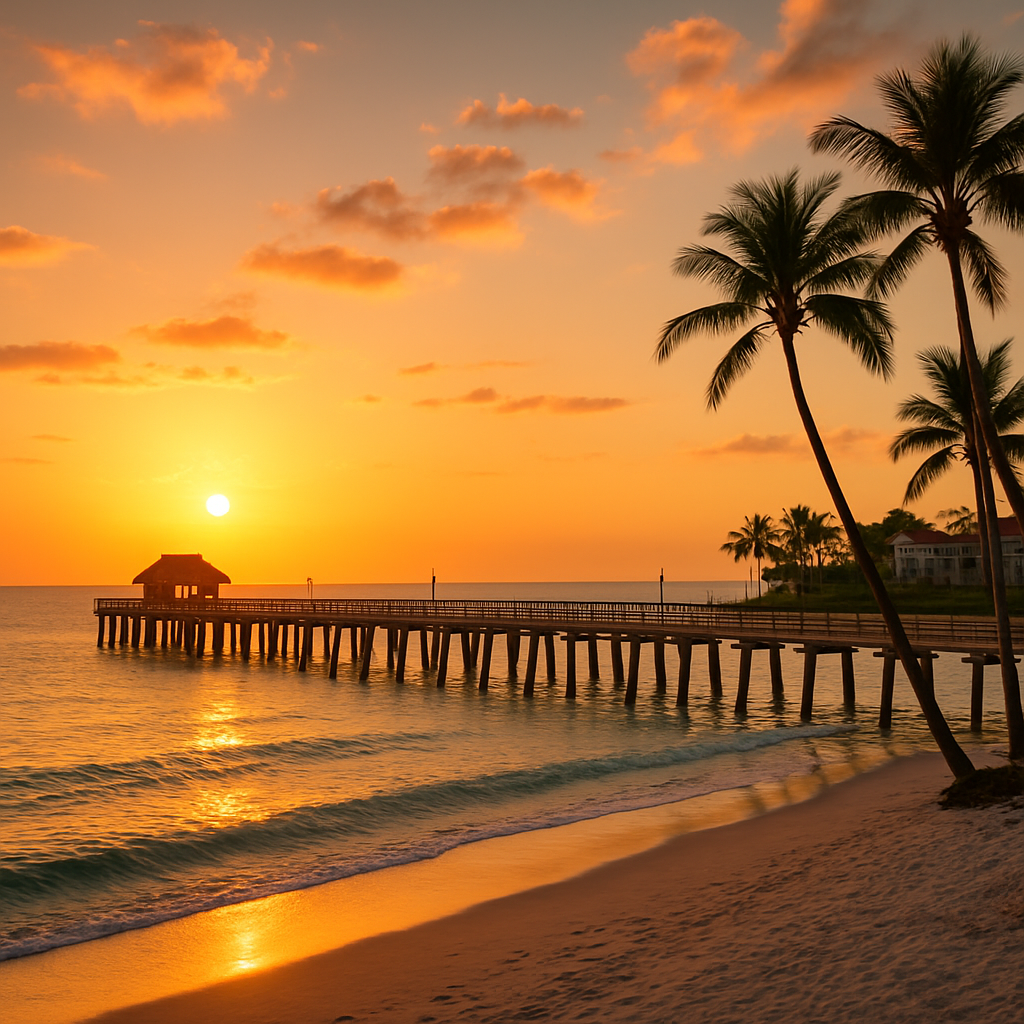 Naples Florida iconic fishing pier at sunset with upscale Gulf coast beach - BlackRide luxury car service