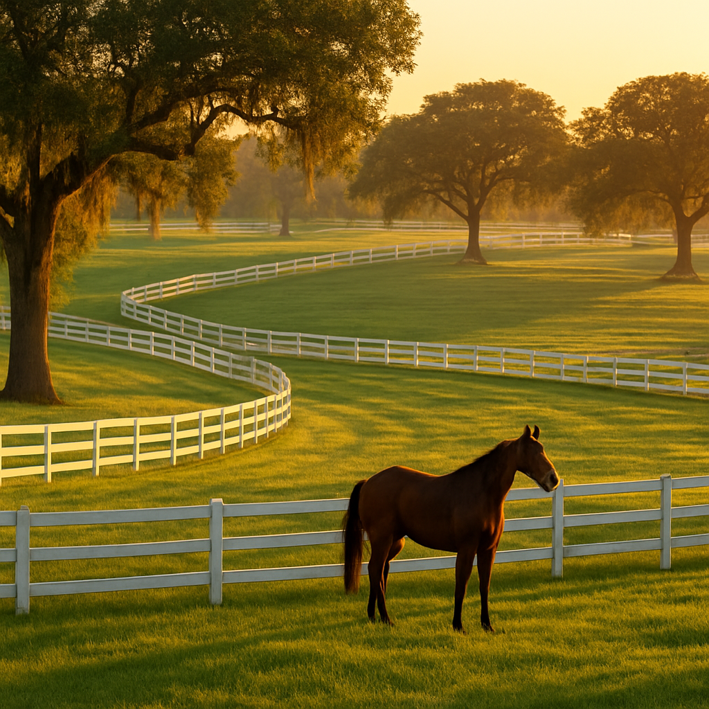 Ocala Florida horse country with white fences and green pastures - BlackRide luxury car service
