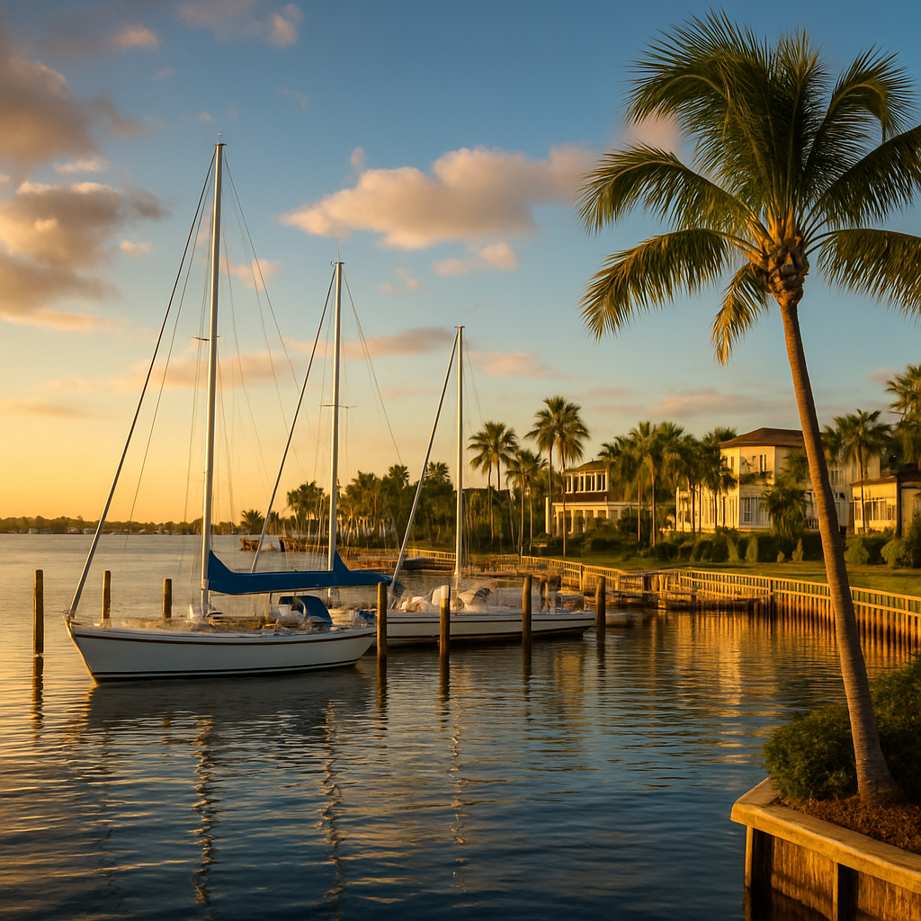 Palm Harbor Florida Gulf coast marina with sailboats and palm trees - BlackRide luxury car service