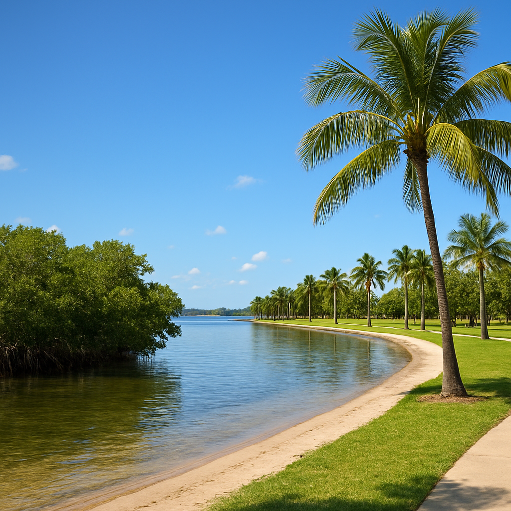 Palmetto Bay Florida waterfront park along Biscayne Bay with palm trees and mangroves - BlackRide luxury car service