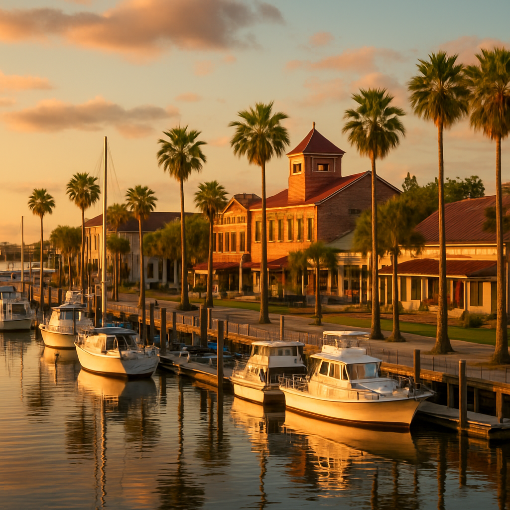 Palmetto Florida riverfront marina on the Manatee River with boats and palm trees - BlackRide luxury car service