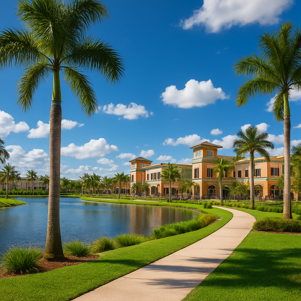 Pembroke Pines Florida suburban town center with palm trees and lakes - BlackRide luxury car service