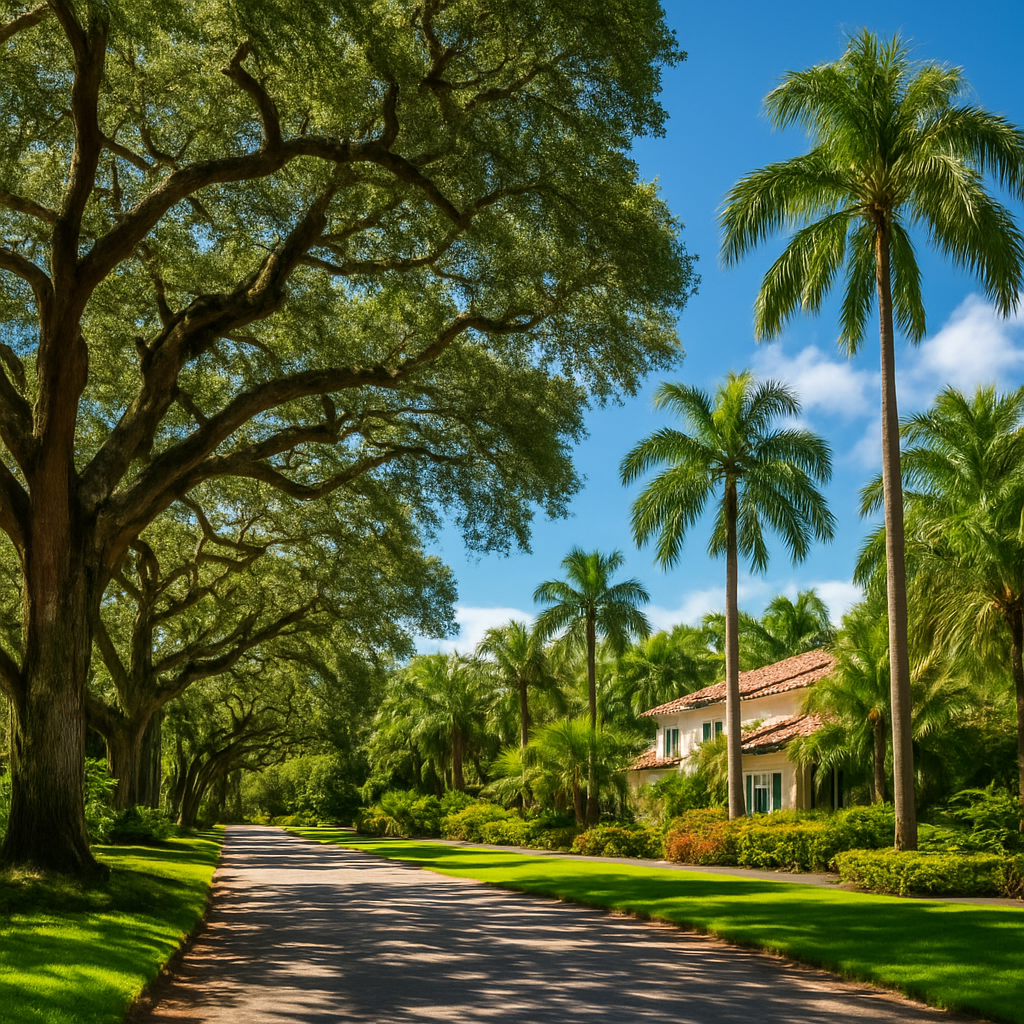Pinecrest Florida lush affluent suburb with tropical gardens and oak trees - BlackRide luxury car service