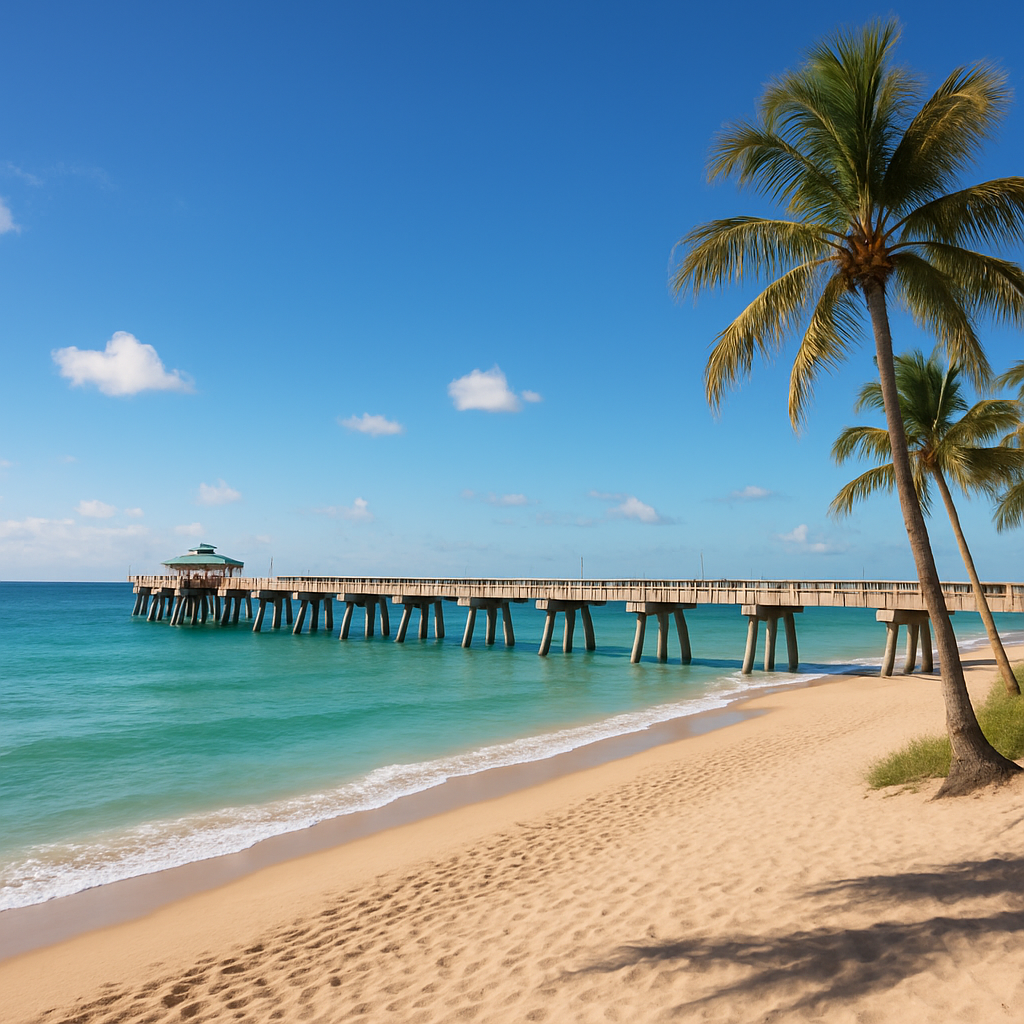 Pompano Beach Florida fishing pier with sandy Atlantic beach and palm trees - BlackRide luxury car service