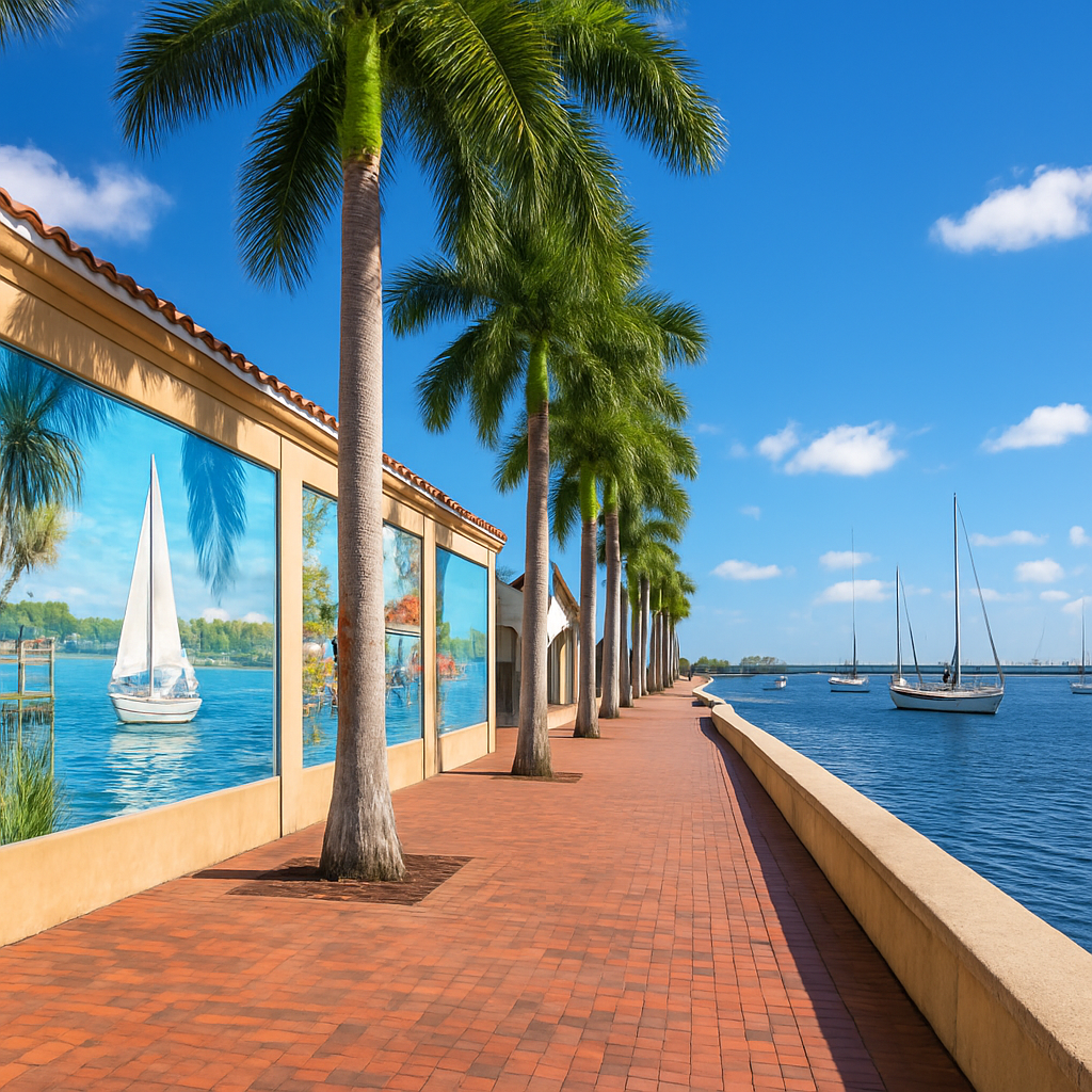 Punta Gorda Florida historic harborwalk along Charlotte Harbor with waterfront murals - BlackRide luxury car service