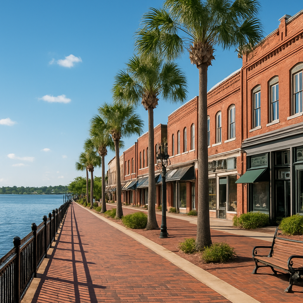 Sanford Florida historic downtown riverwalk along Lake Monroe with brick buildings - BlackRide luxury car service