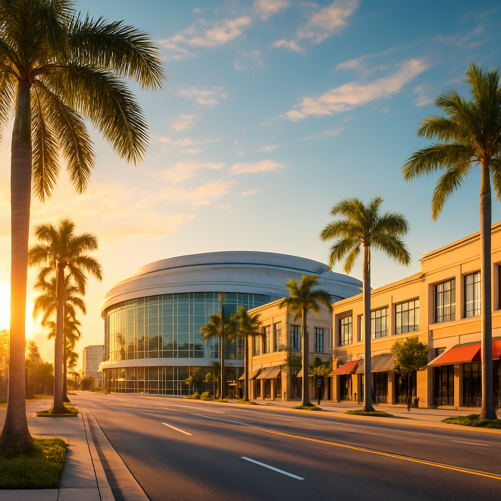 Sunrise Florida city with palm trees and entertainment arena - BlackRide luxury car service