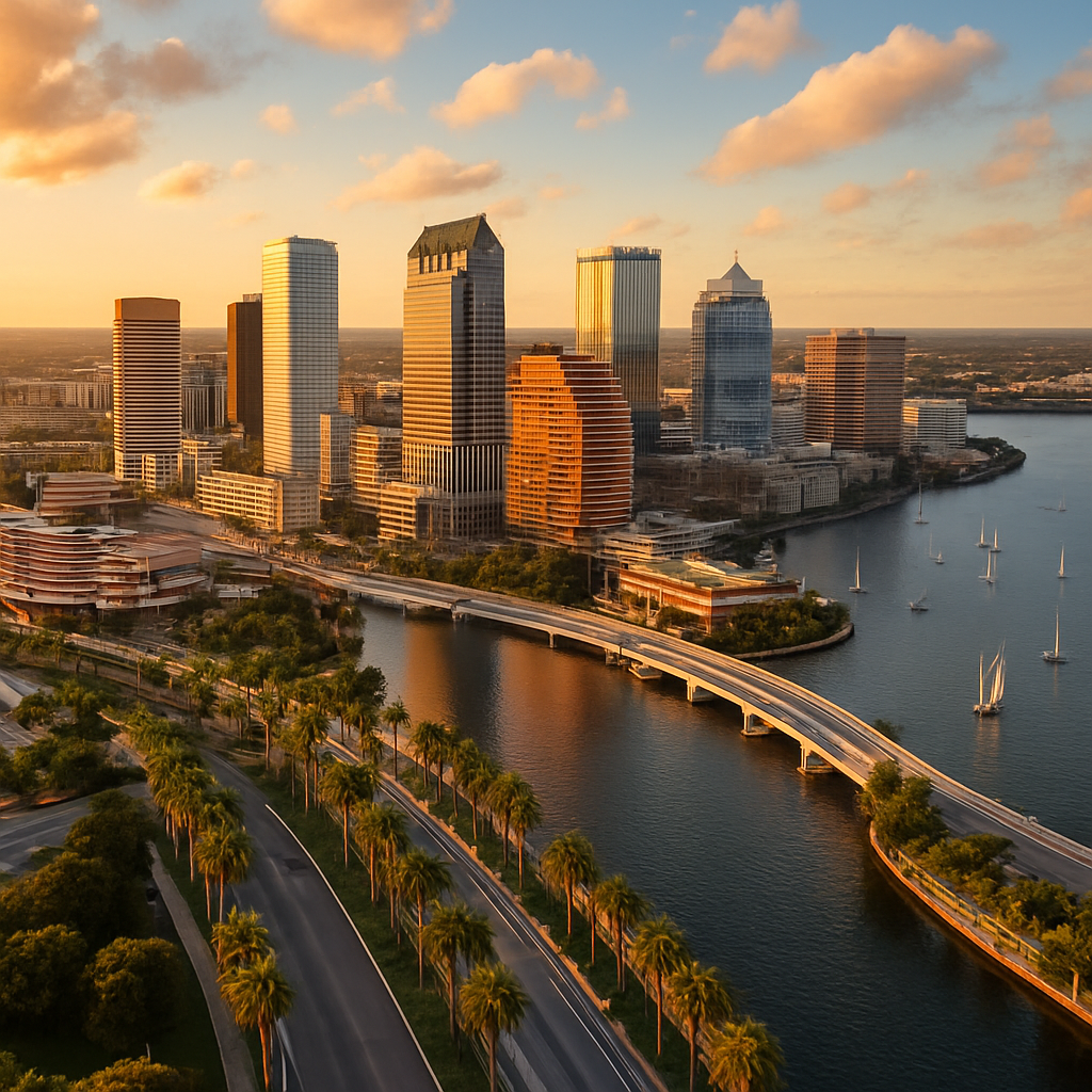 Tampa Bay Florida downtown skyline and Riverwalk along the bay - BlackRide luxury car service across Central Florida