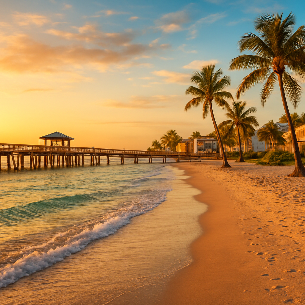 Venice Florida beach with fishing pier and Gulf of Mexico shoreline - BlackRide luxury car service