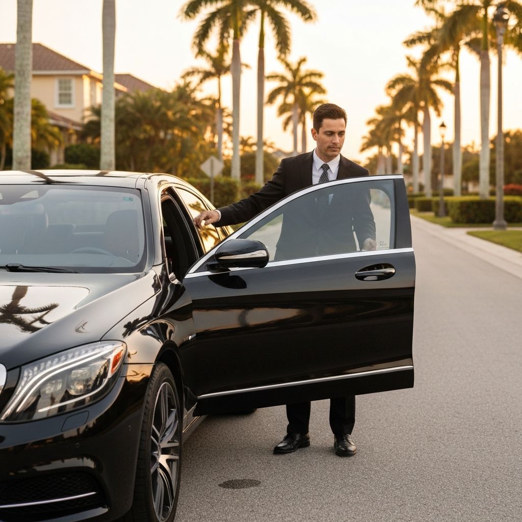 Professional private driver and personal chauffeur opening door of luxury Mercedes sedan in Tampa