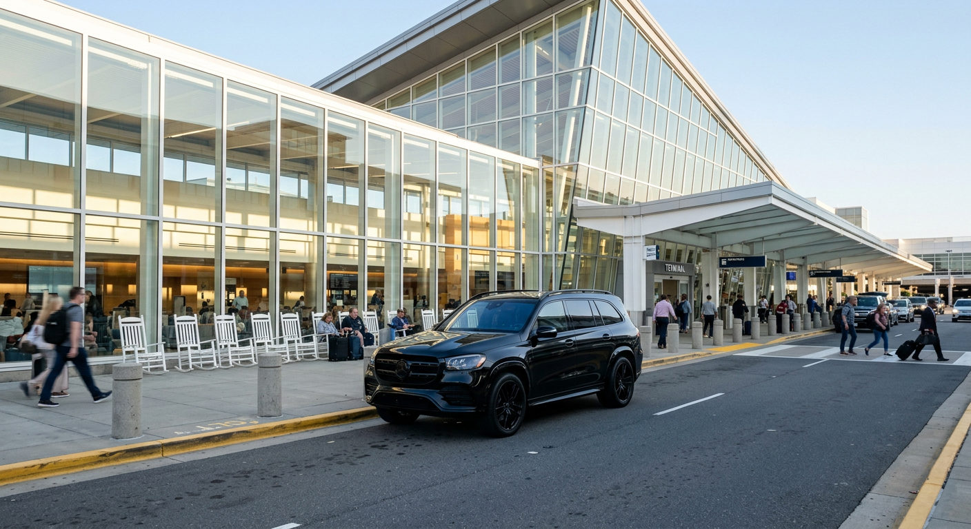 Black luxury SUV at the curb of the bright Charlotte airport terminal