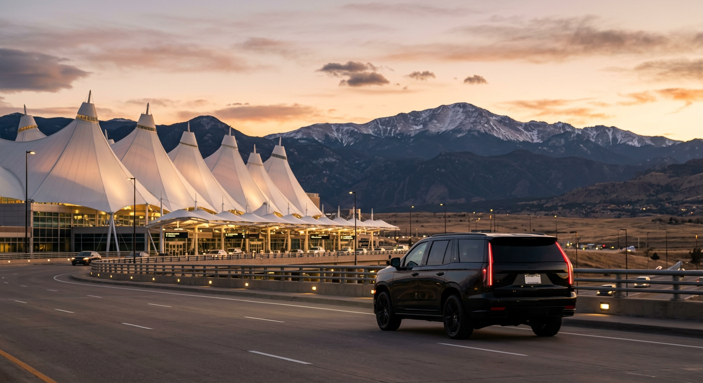 Black luxury SUV leaving the Denver airport terminal with the Rocky Mountains behind