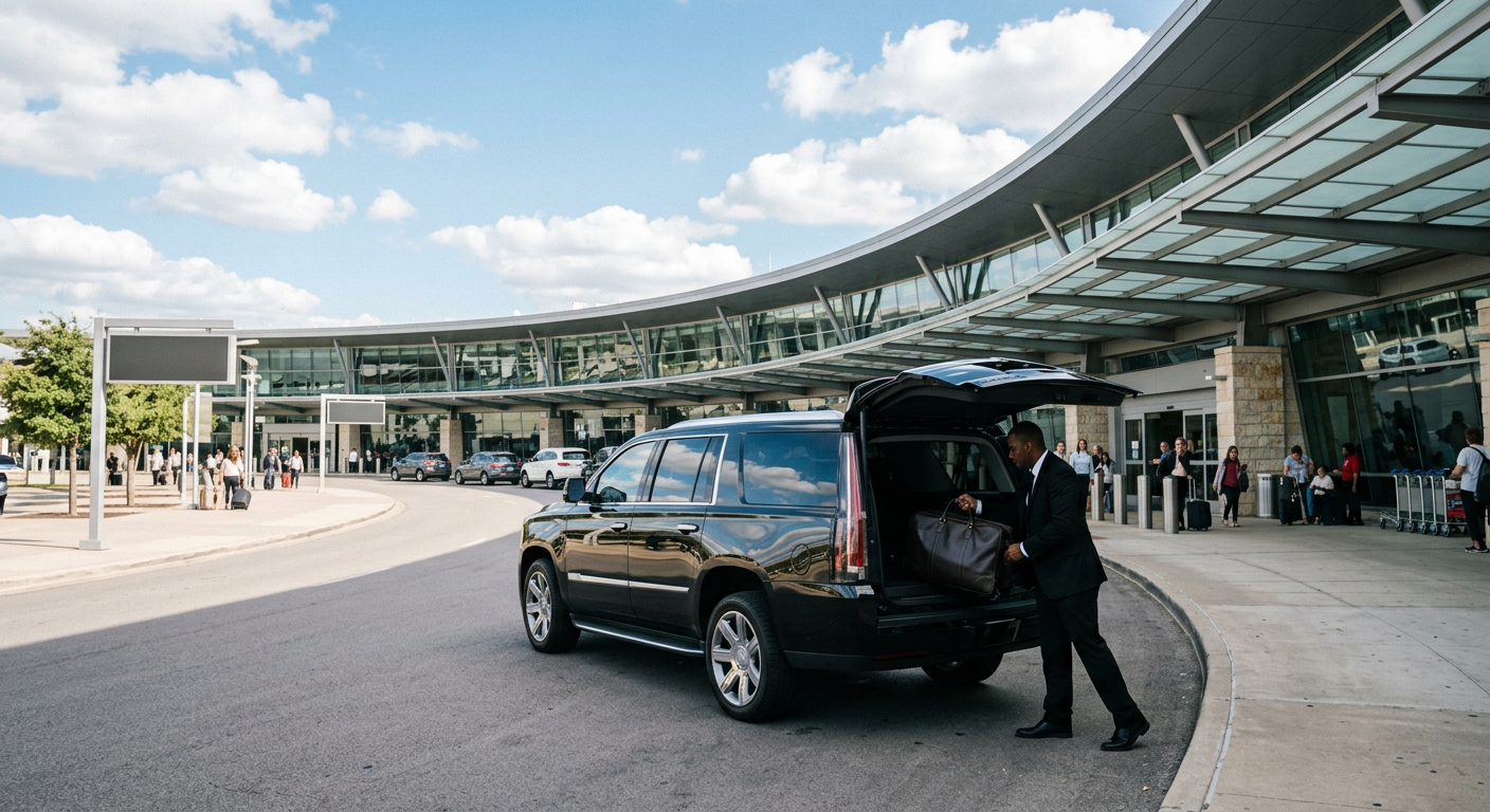 Black Cadillac Escalade parked outside the Dallas Fort Worth airport terminal