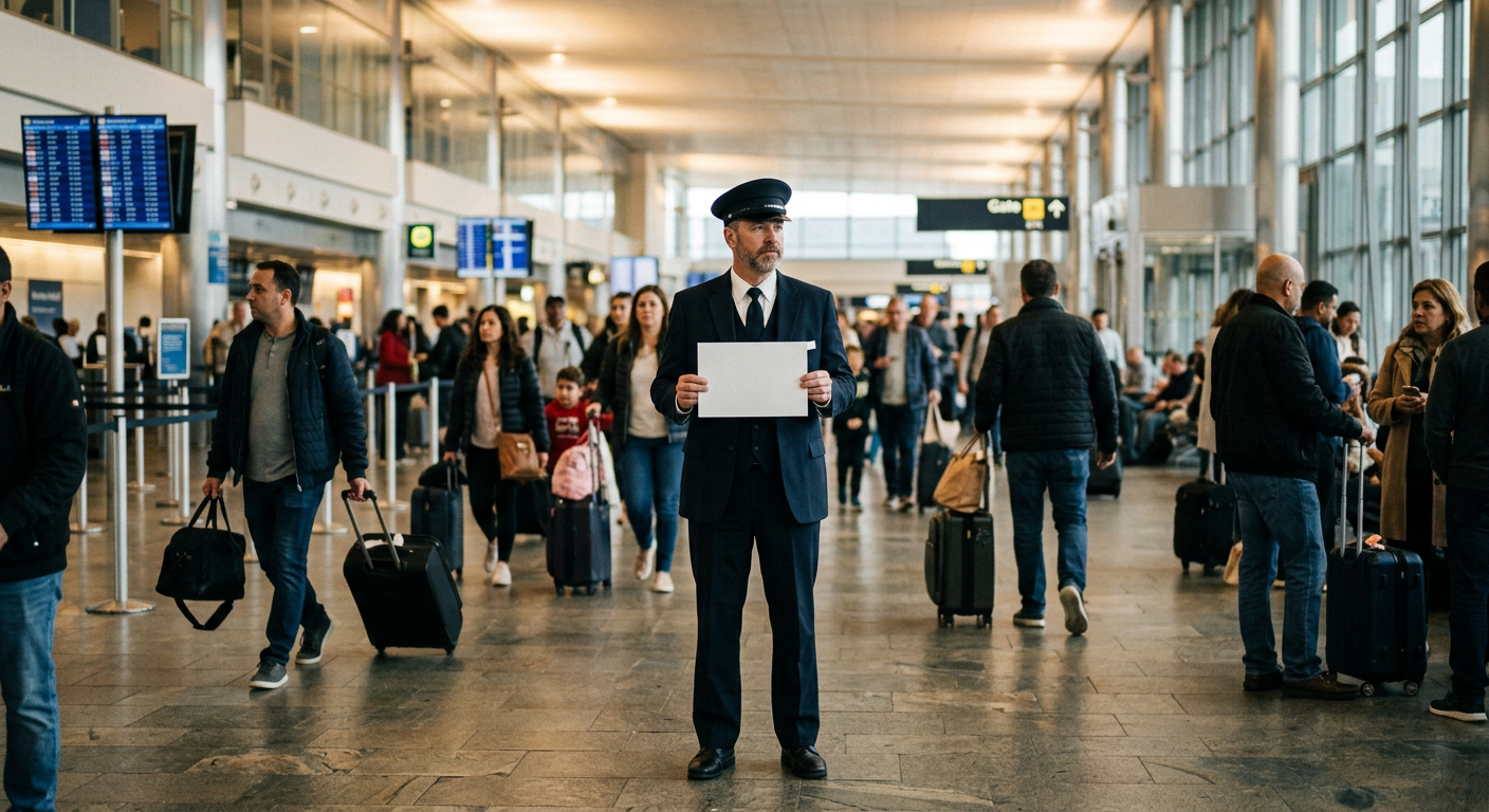 Chauffeur waiting with a name sign in an airport arrivals hall
