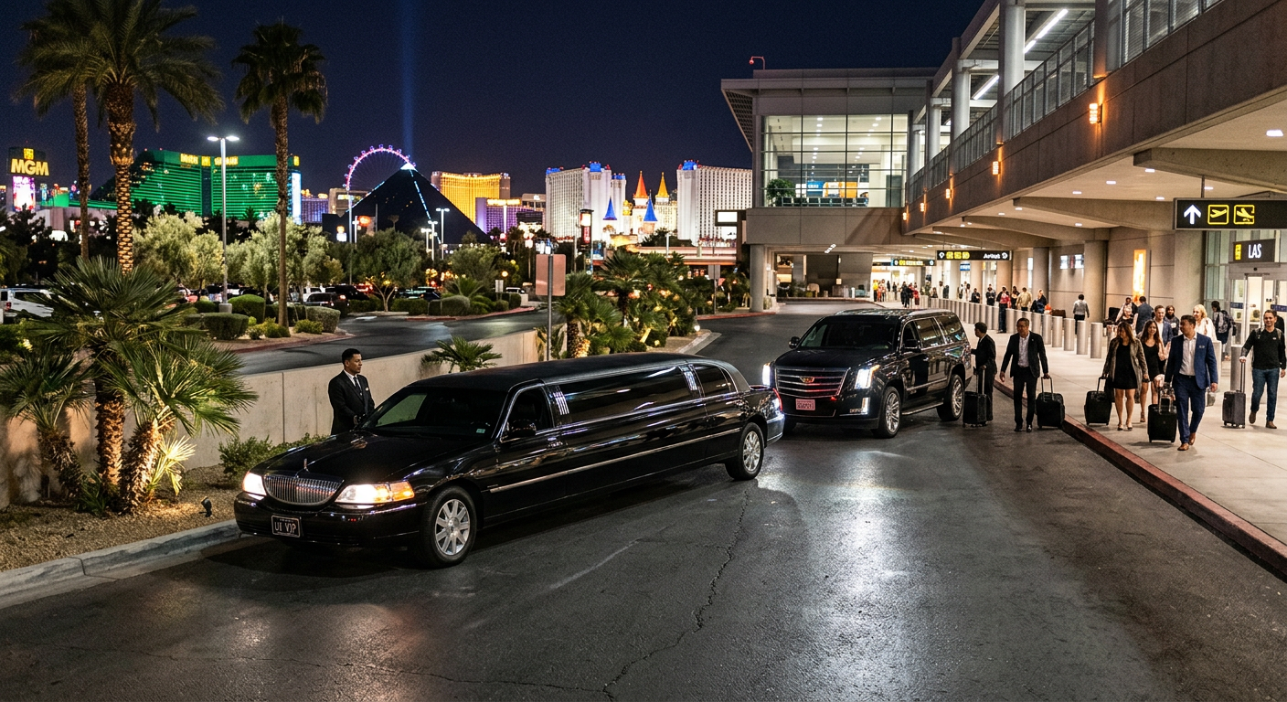 Black limousine and SUV outside the Las Vegas airport with the resort skyline behind