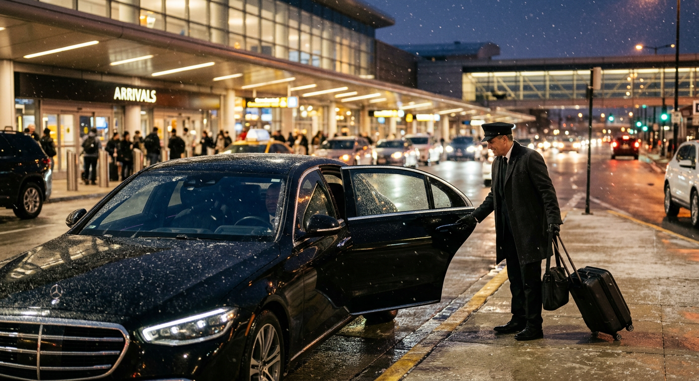 Black executive sedan with chauffeur greeting a traveler at a Chicago airport terminal