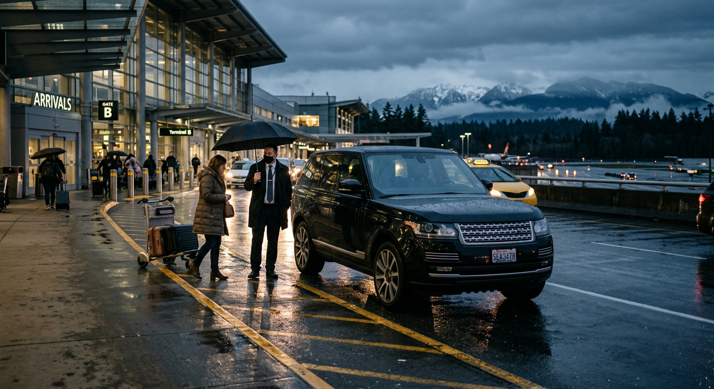 Black luxury SUV with chauffeur holding an umbrella at the Seattle airport on a rainy evening