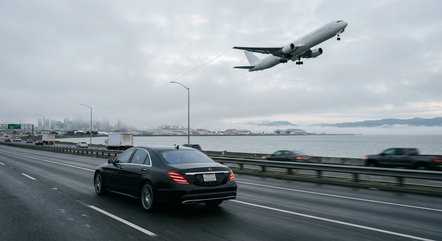 Black executive sedan near San Francisco airport with the bay and morning fog